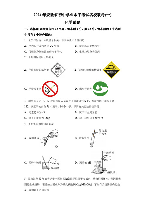 2024年安徽省初中学业水平考试名校联考化学试卷(含解析)