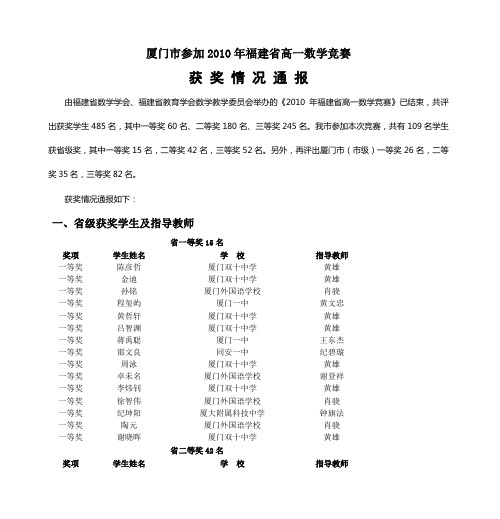 厦门市参加2010年福建省高一数学竞赛