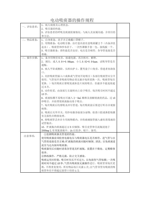 电动吸痰器操作流程   表格版