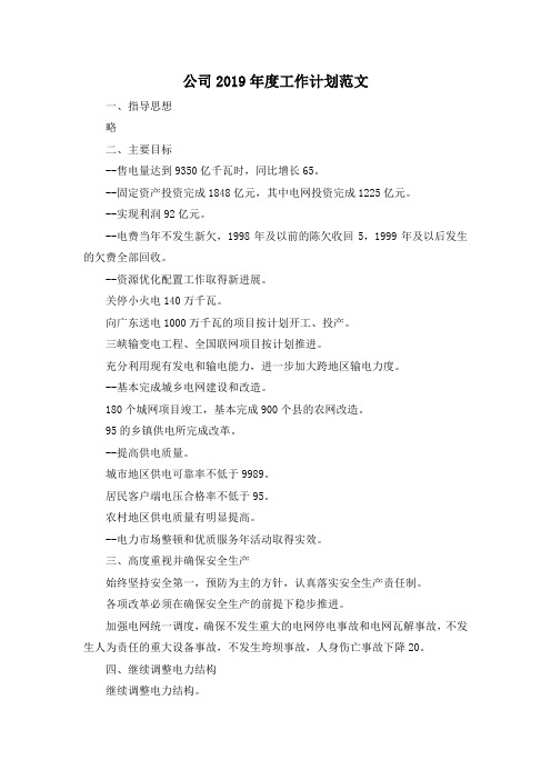 最新-公司2019年度工作计划范文02019 精品