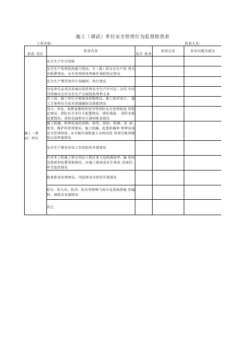 施工(调试)单位安全管理行为监督检查表