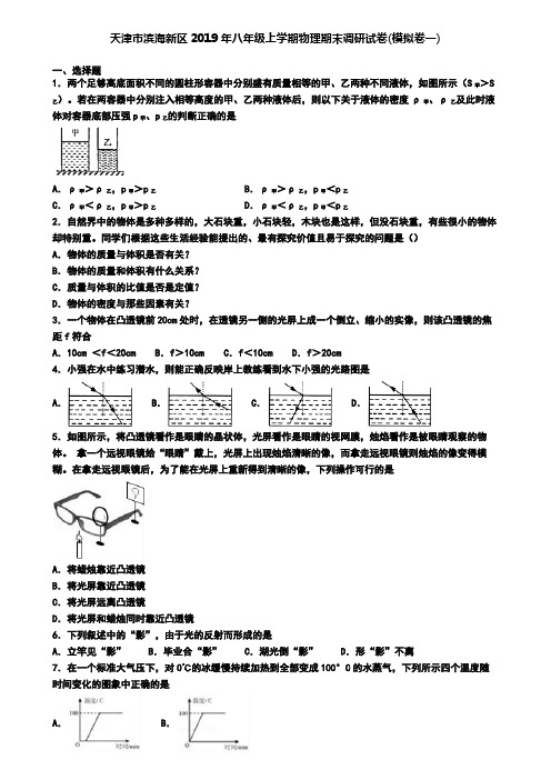 天津市滨海新区2019年八年级上学期物理期末调研试卷(模拟卷一)