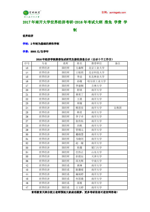 2017年南开大学世界经济考研-2016年考试大纲 推免 学费 学制