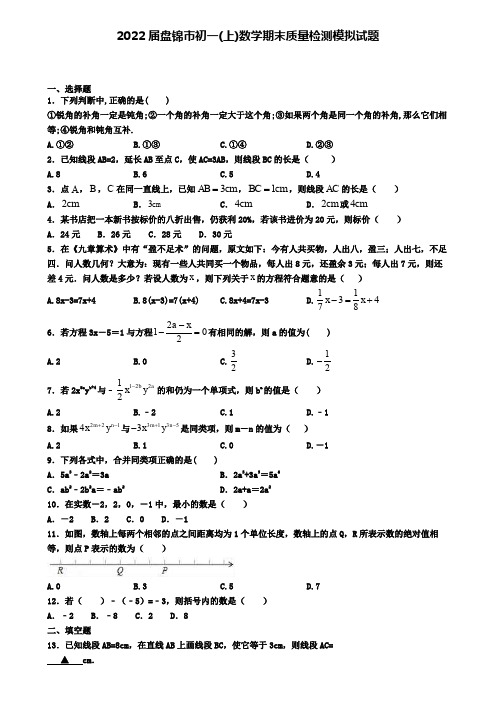 2022届盘锦市初一(上)数学期末质量检测模拟试题