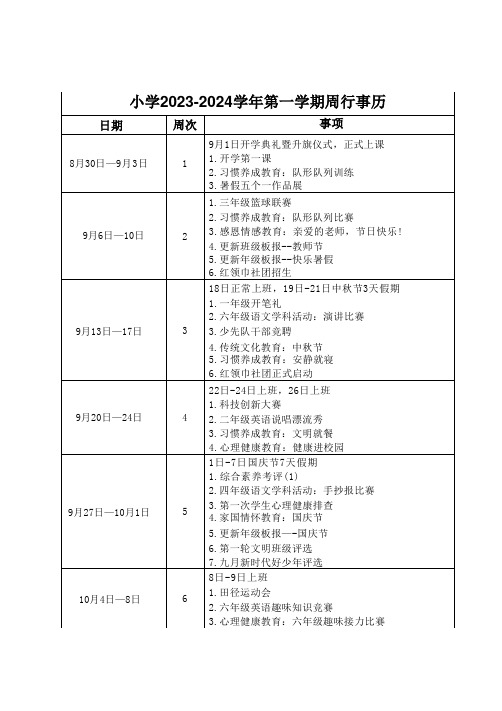 小学2023-2024学年第一学期周行事历