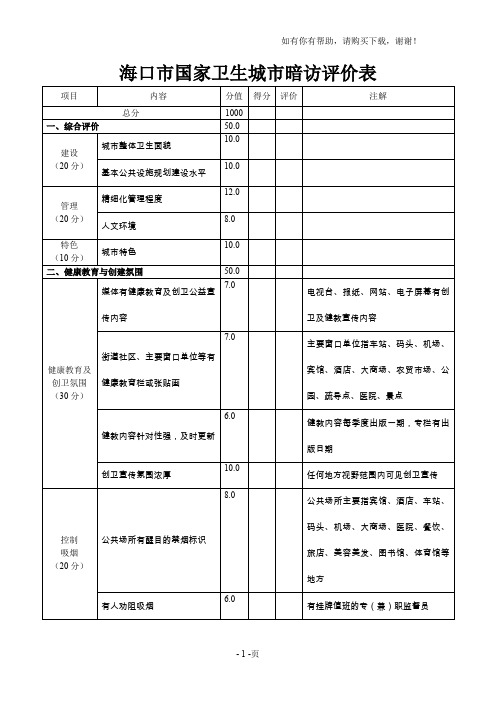 海口市国家卫生城市暗访评价表