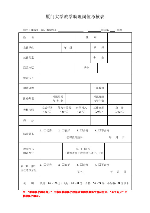 厦门大学教学助理岗位考核表