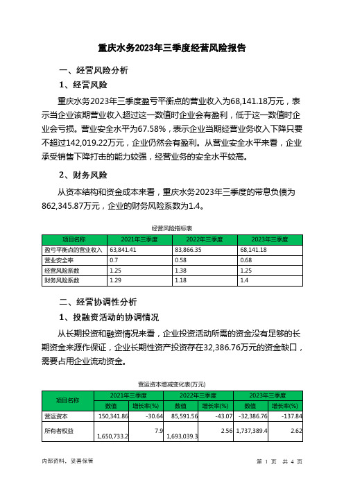 601158重庆水务2023年三季度经营风险报告