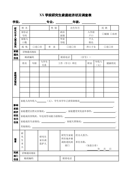 XX学院研究生家庭经济状况调查表-2023年模板范本