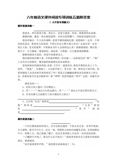 六年级语文课外阅读专项训练五篇附答案