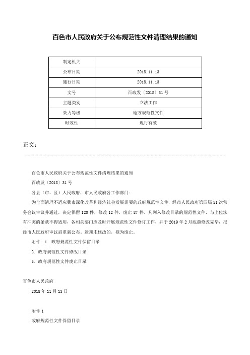 百色市人民政府关于公布规范性文件清理结果的通知-百政发〔2018〕31号