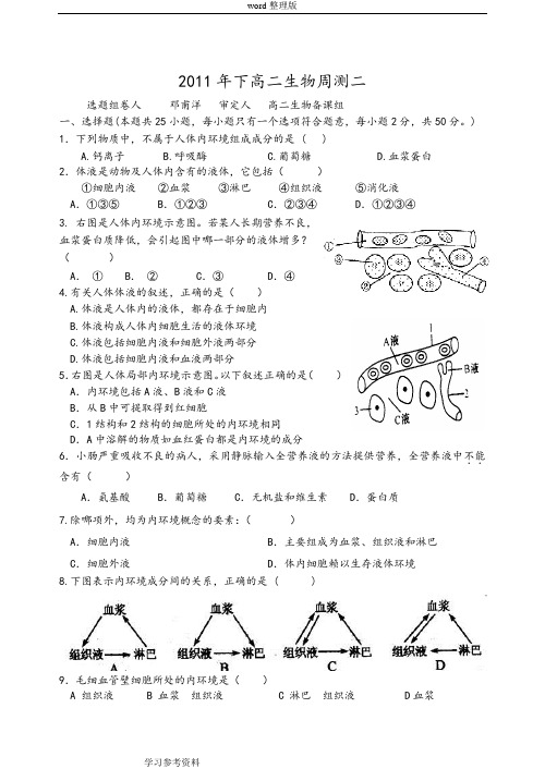 生物人教版高中必修3 稳态与环境2011年下高二生物周测二