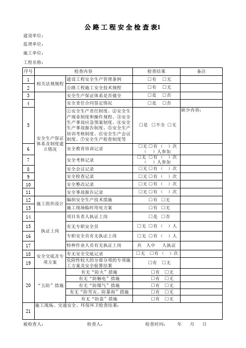 公路工程安全检查表