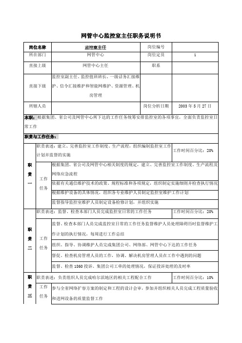 材料行业网管中心监控室主任岗位说明书