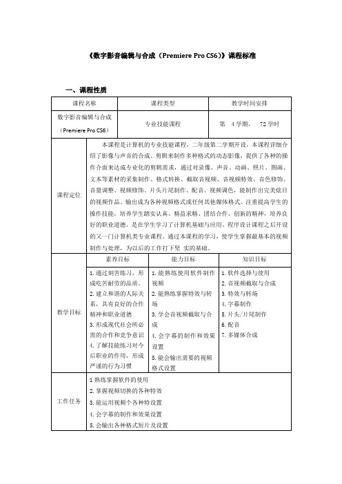 数字影音编辑与合成(Premiere Pro CS6 )课程标准