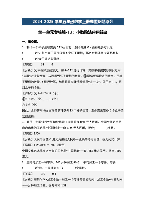 第一单元专练篇13：小数除法应用综合-北师大版五年级数学例题(解析版)北师大版