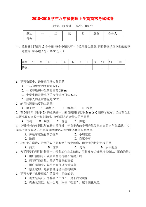 湖南省浏阳市2018_2019学年八年级物理上学期期末考试试卷(含参考答案)