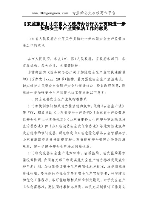 【安监意见】山东省办公厅关于贯彻进一步加强安全生产监管执法工作的意见