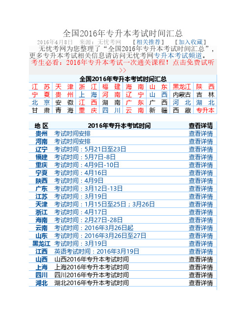 全国2016年专升本考试时间汇总