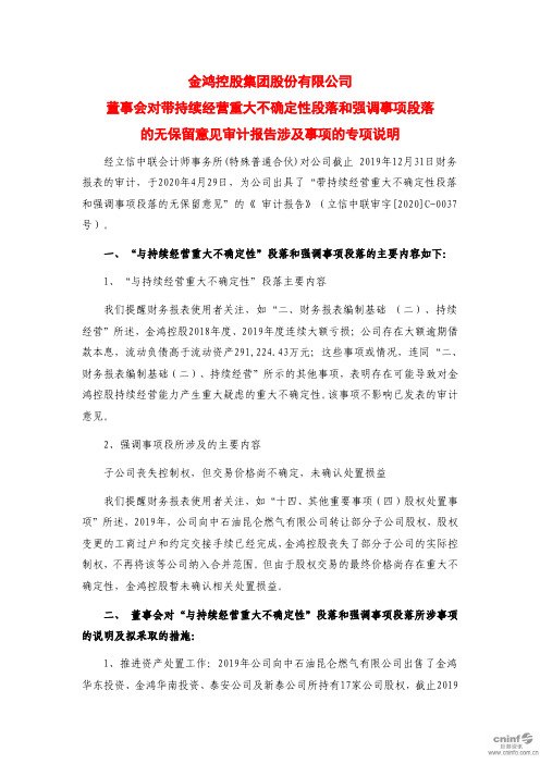 金鸿控股：董事会对带持续经营重大不确定性段落和强调事项段落的无保留意见审计报告涉及事项的专项说明