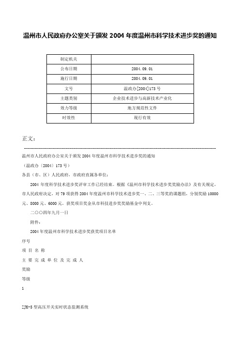 温州市人民政府办公室关于颁发2004年度温州市科学技术进步奖的通知-温政办[2004]173号