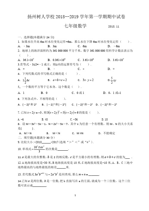 扬州树人学校2018--2019学年第一学期期中试卷七年级数学(含答案)