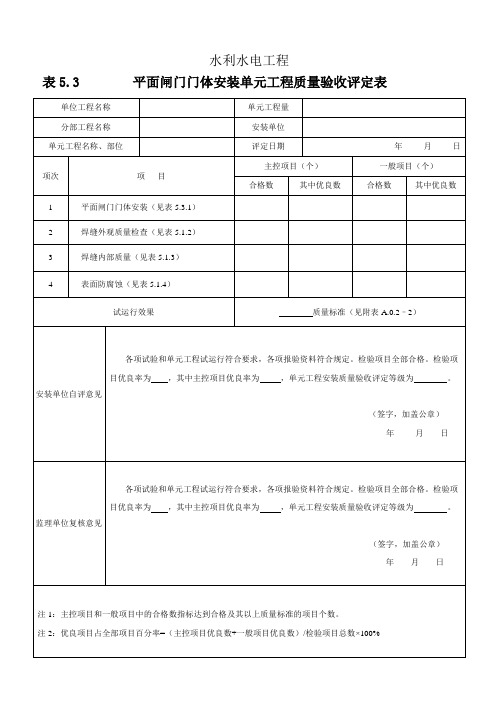 表5.3 平面闸门门体单元工程安装质量验收评定表