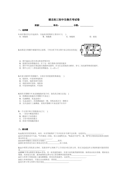 湖北初三初中生物月考试卷带答案解析
