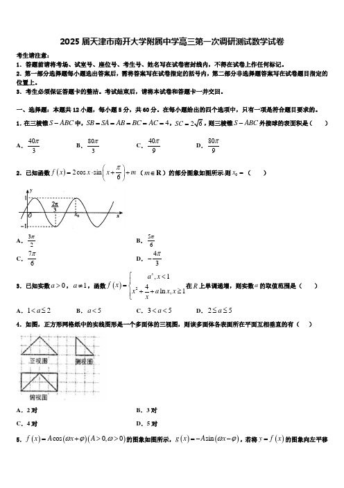 2025届天津市南开大学附属中学高三第一次调研测试数学试卷含解析