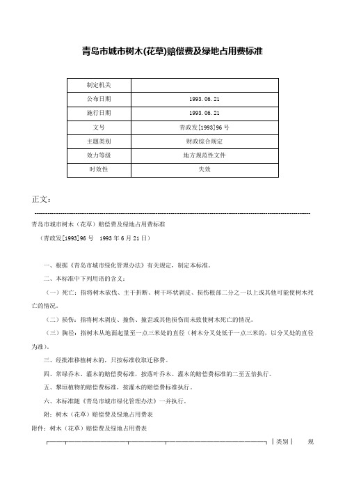 青岛市城市树木(花草)赔偿费及绿地占用费标准-青政发[1993]96号