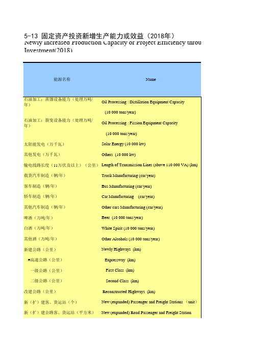 陕西省西安市2019统计年鉴数据：5-13 固定资产投资新增生产能力或效益(2018年)