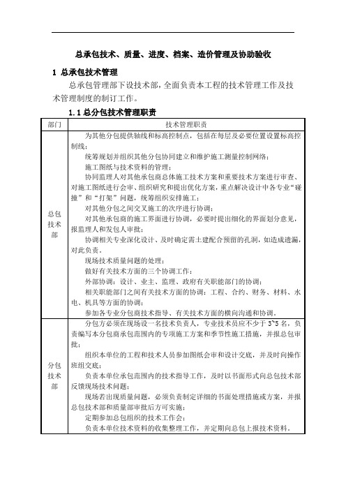 总承包技术、质量、进度、档案、造价管理及协助验收