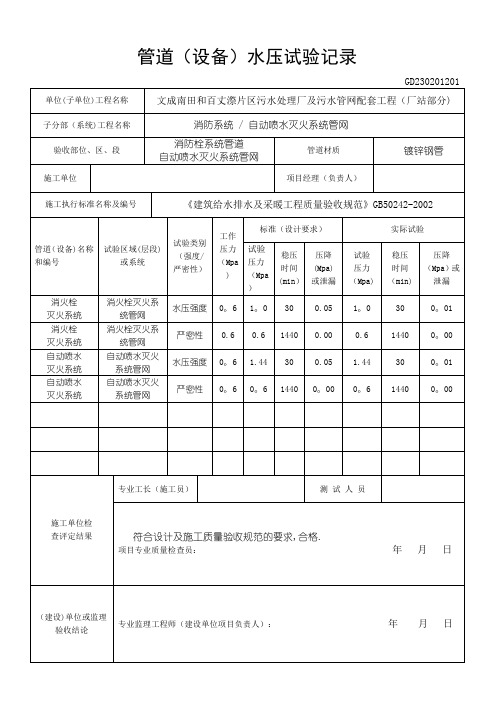 消防工程水压试验记录及隐蔽工程验收记录范本