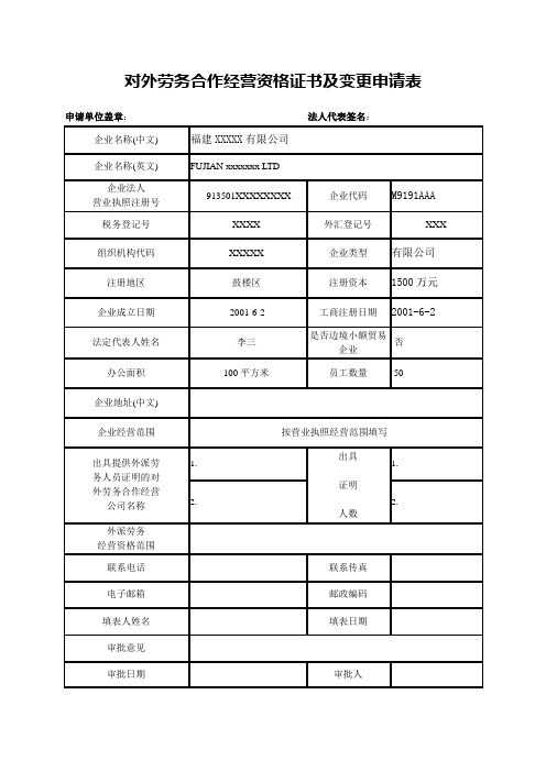 对外劳务合作经营资格证书及变更申请表(样表)