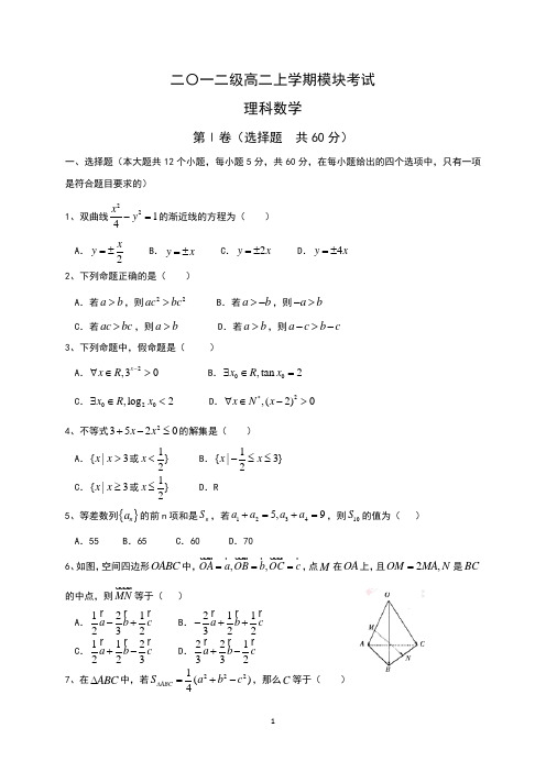 山东省日照市2013-2014学年高二上学期期末考试数学(理)试题Word版含答案