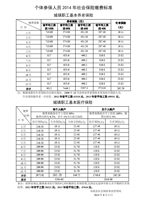 个体参保人员2014年社会保险缴费标准