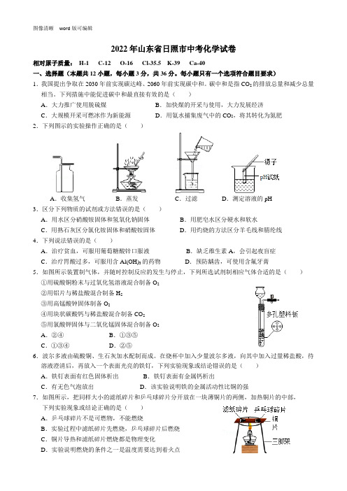 2022年山东省日照市中考化学试卷(附答案)