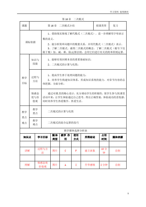 「精品」八年级数学下册第16章二次根式小结教案新版新人教版