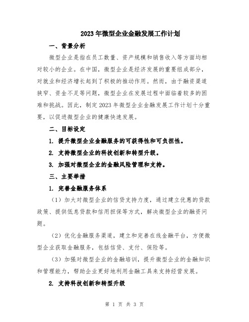 2023年微型企业金融发展工作计划