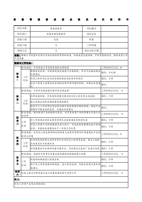 制鞋企业质量管理部成型品检员岗位说明书