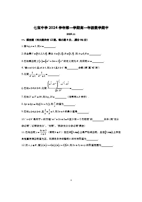 2024-2025学年上海七宝中学高一上学期数学期中试卷及答案(2024.11)