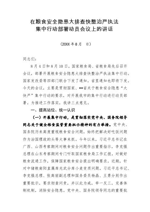 在粮食安全隐患大排查快整治严执法集中行动部署动员会议上的讲话