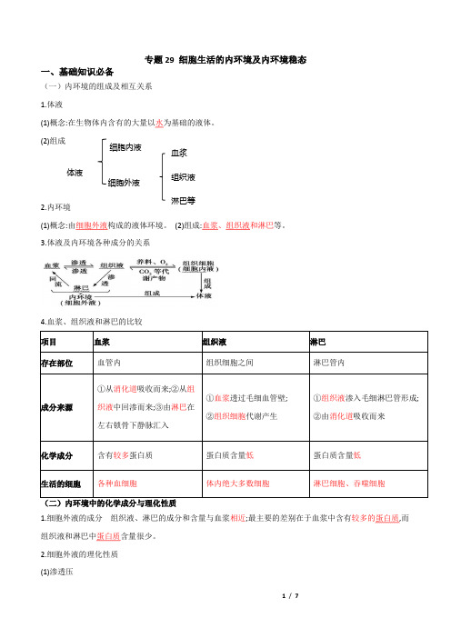 专题29 细胞生活的内环境及内环境稳态-高考生物一轮复习知识点梳理及判断题练习