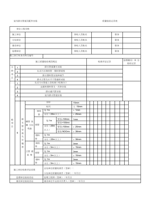 室内排水管道及配件安装质量验收记录表