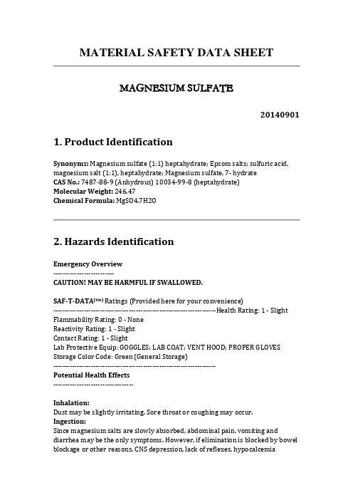 硫酸镁英文MSDS,GHS版本,