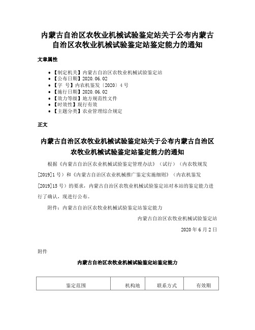 内蒙古自治区农牧业机械试验鉴定站关于公布内蒙古自治区农牧业机械试验鉴定站鉴定能力的通知