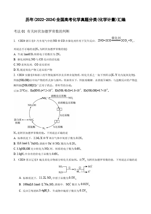 历年(2022-2024)全国高考化学真题分类(化学计量)汇编(附答案)