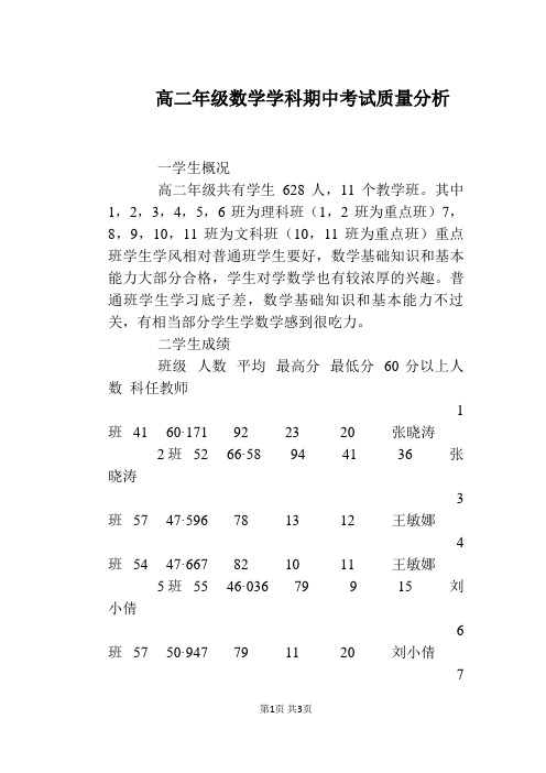 高二年级数学学科期中考试质量分析