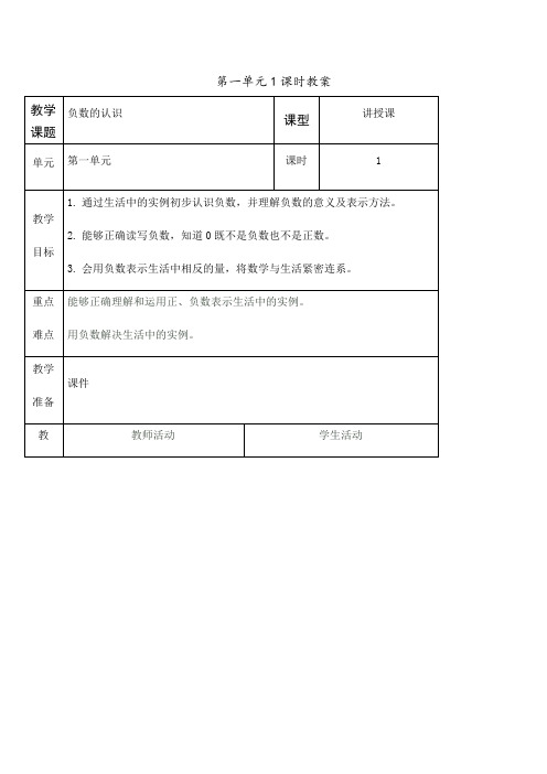 小学数学六年级负数的认识教案课程