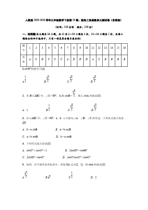 人教版2019-2020学年九年级数学下册第28章:锐角三角函数单元测试卷(含答案)